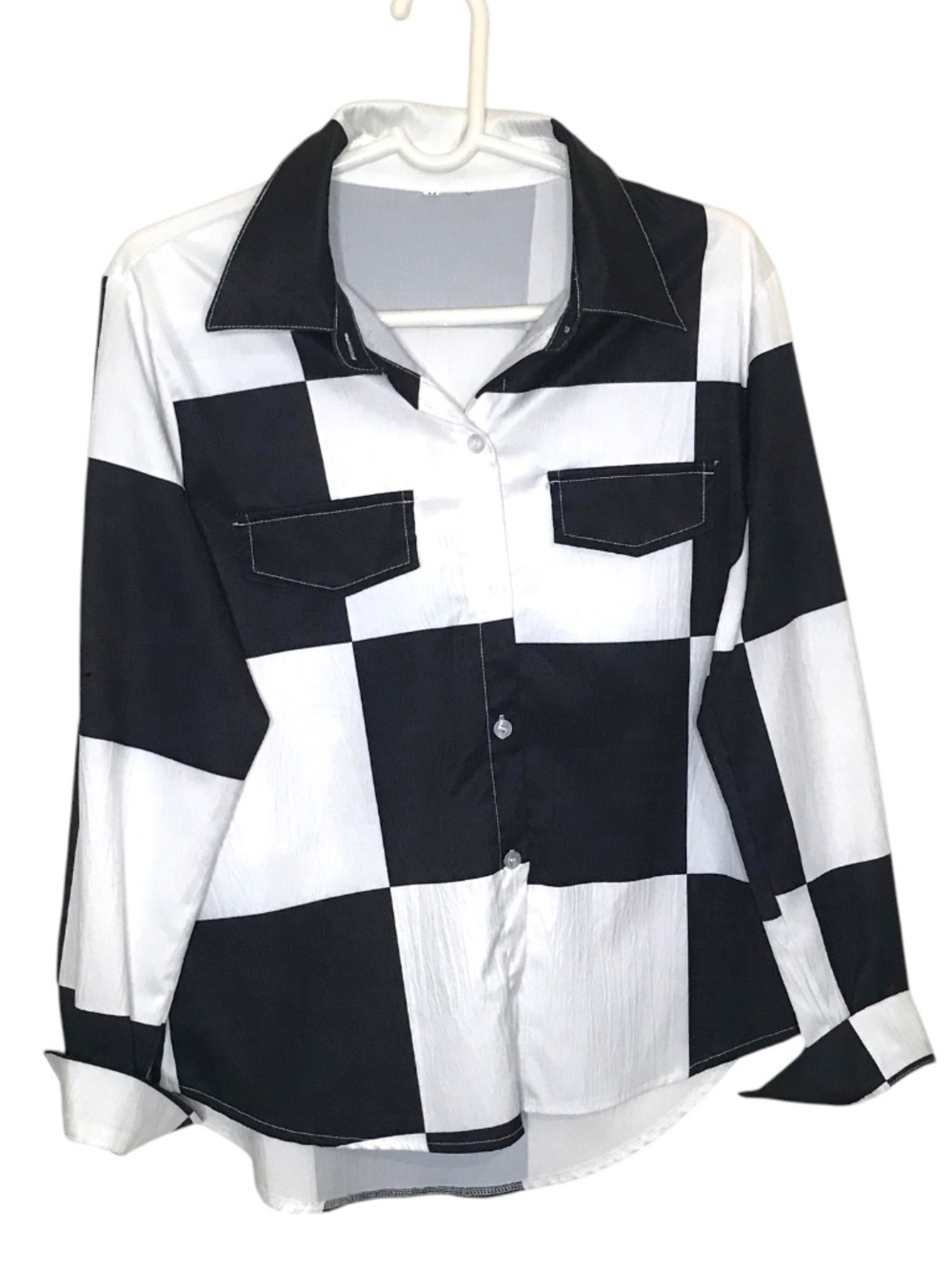 Black White Checkerboard  Blouse Button Up Shirt M/L Chic Modern Top